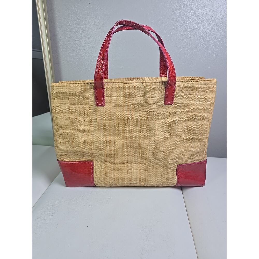 COLE HAAN Woven Straw Red Trim Tote Bag Shoulder Purse Barbie Pink Gingham